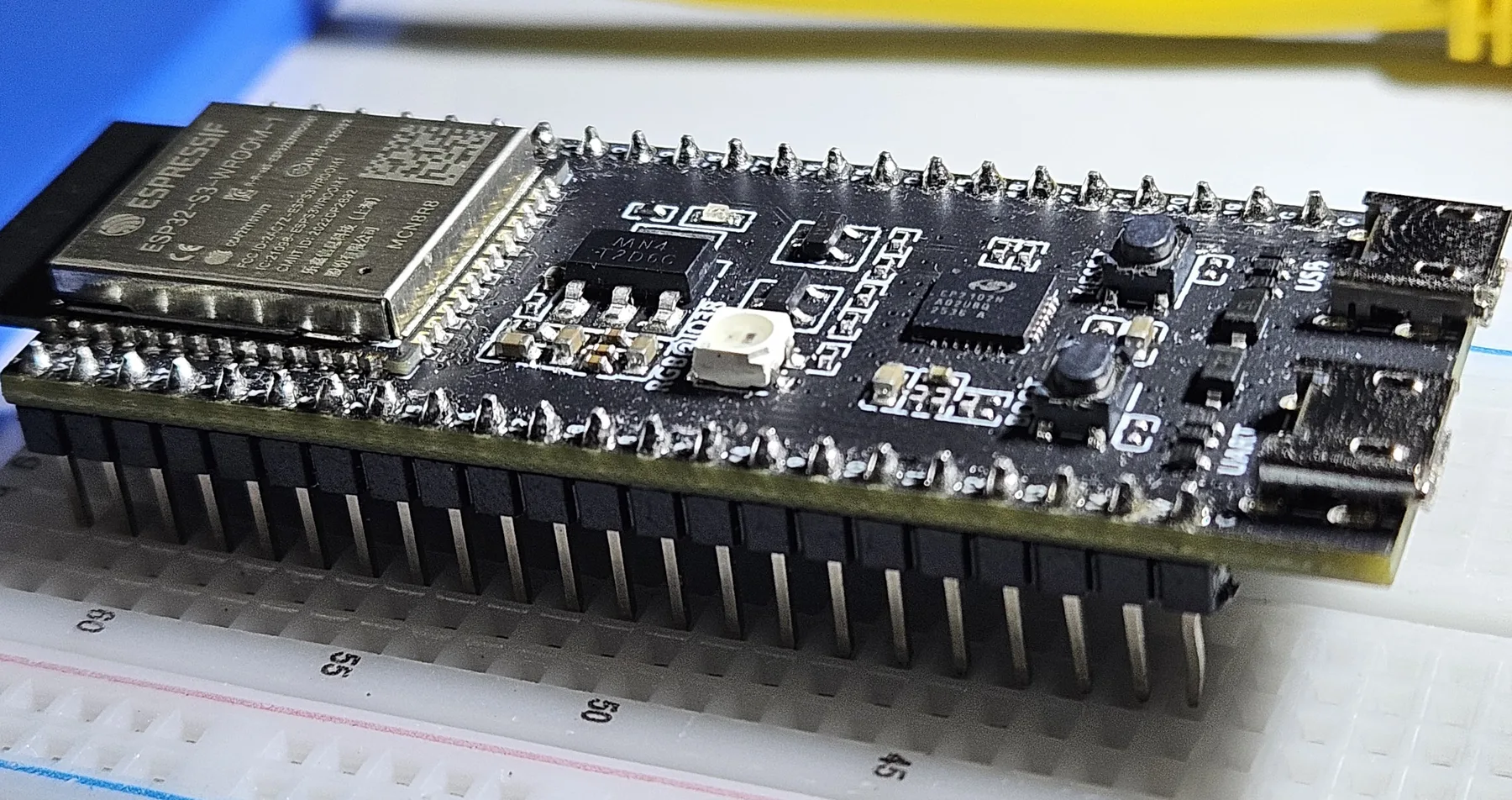 ESP32-S3 DevKitC shown at a three-quarter angle on the measurement bench.